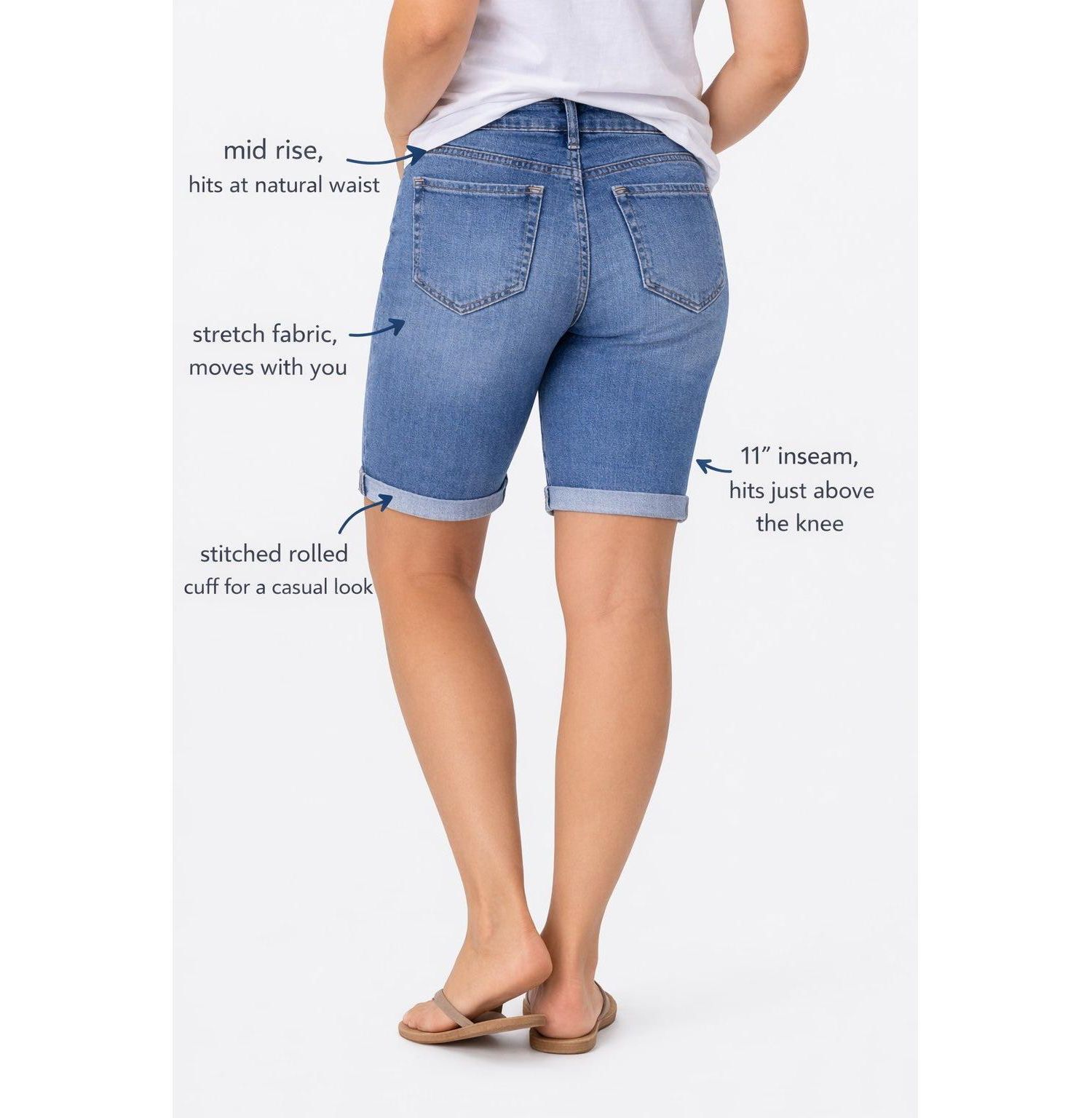 Plus Size Mid-Rise Stretch Denim Bermuda Shorts, 11" Inseam