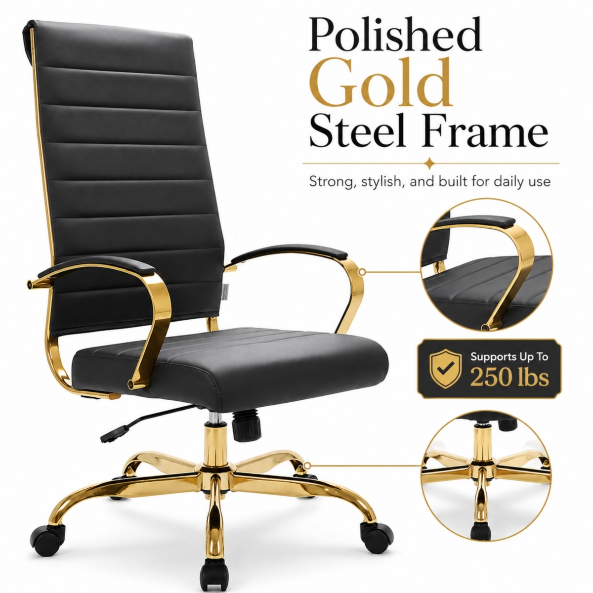 LeisureMod Benmar Modern High-Back Leather Conference Office Chair with Steel Frame, Swivel, and Tilt
