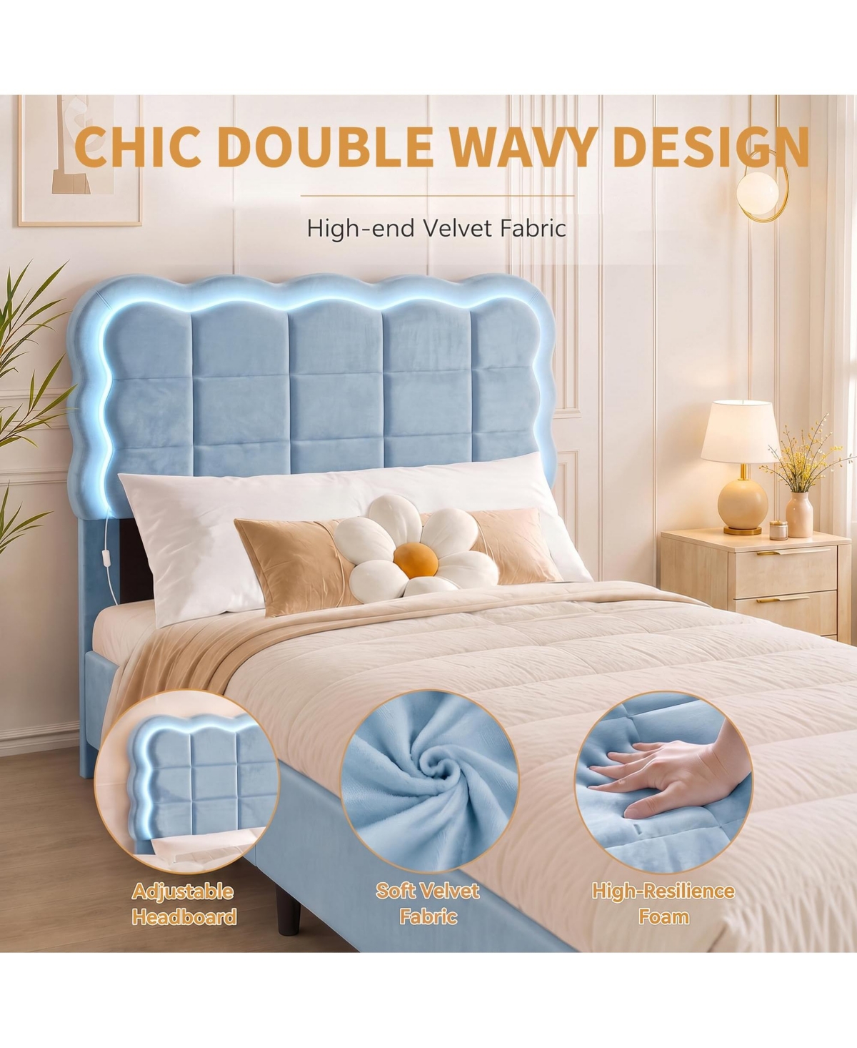 homfan Twin Bed Frame with Led Lights and Storage Drawer, Adjustable Wavy Headboard, Upholstered Platform Bed, Wood Slats Support, No Box Spring