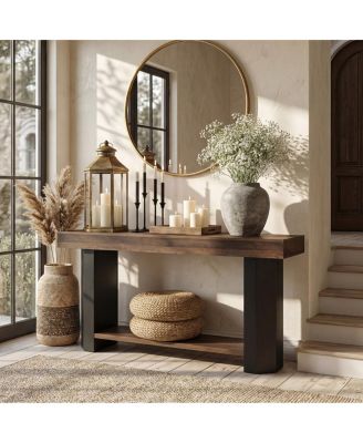 63" Console Table: 2-tier sofa table behind couch, long industrial hallway foyer table for entryway, living room.