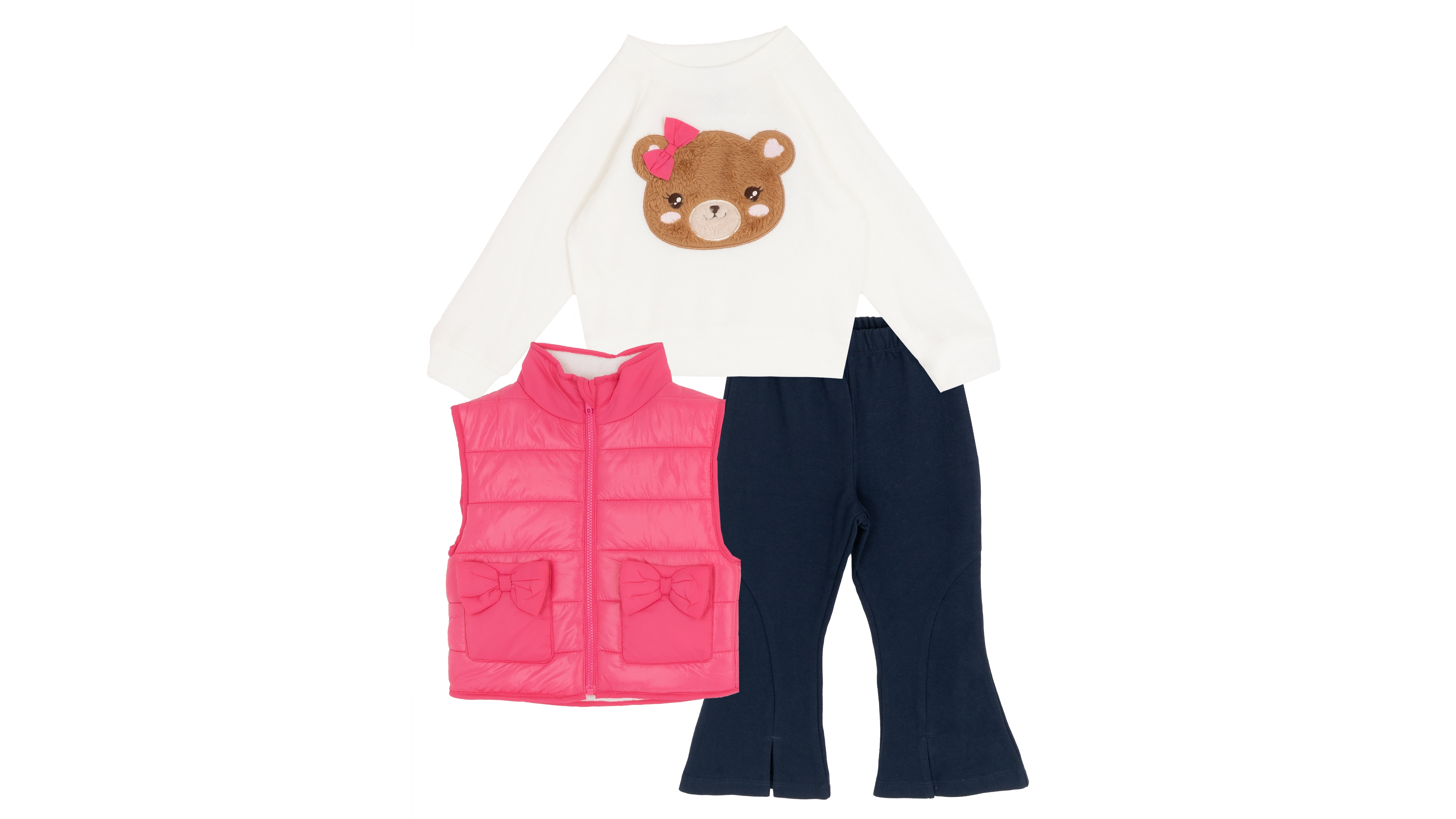 Rare Editions Toddler Girls' 2T-5T Puffer Vest, Hacci-Knit Teddy-Bear Applique Sweatshirt and Pants, 3-Piece Set