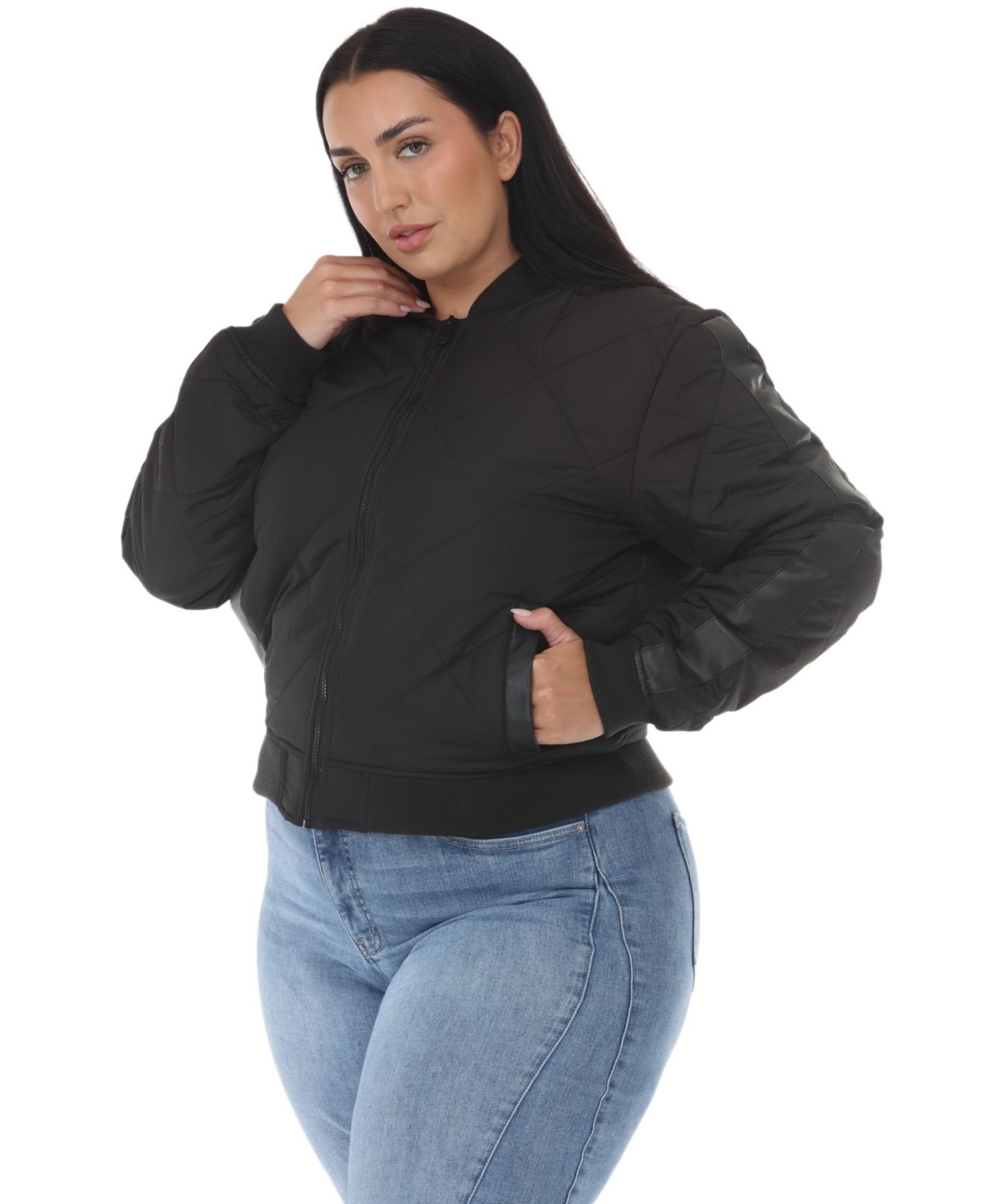 Женская куртка White Mark Plus Size Quilted-Lightweight Bomber, цвет: Чёрный — фото 3