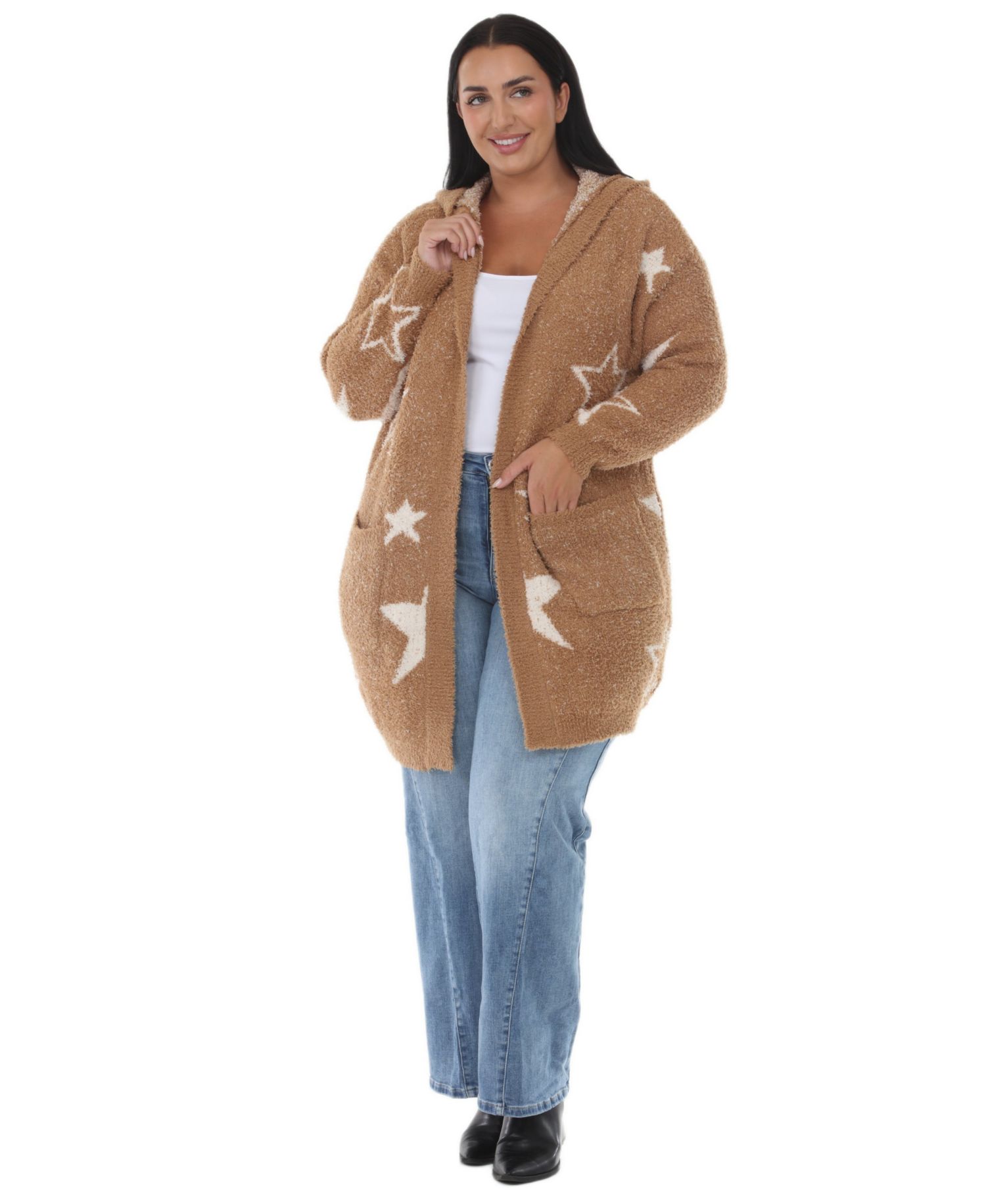 Plus Size Hooded Star-Print Sherpa Cardigan Sweater