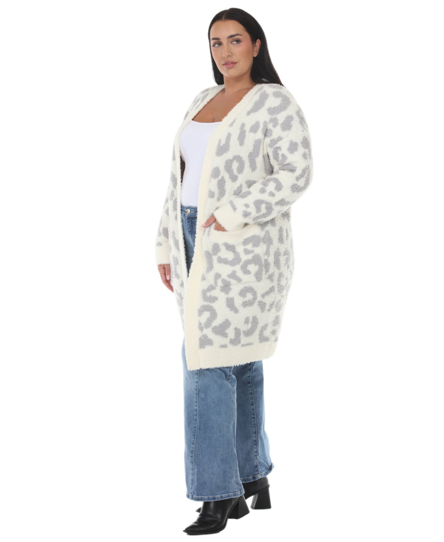 Plus Size Leopard-Print Sherpa Open-Front Cardigan Sweater