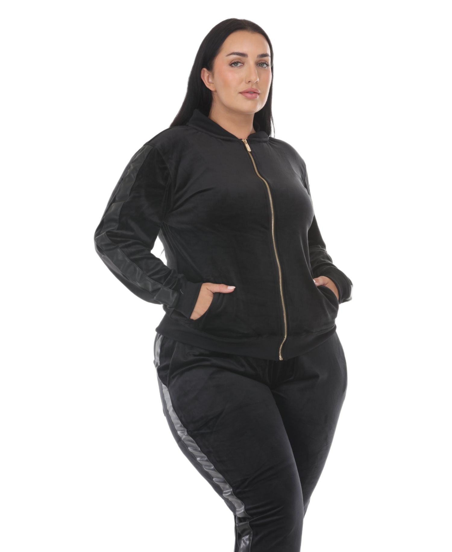 Plus Size Full-Zip Ribbed Velour Side-Stripe Top and Joggers, 2-Piece Set