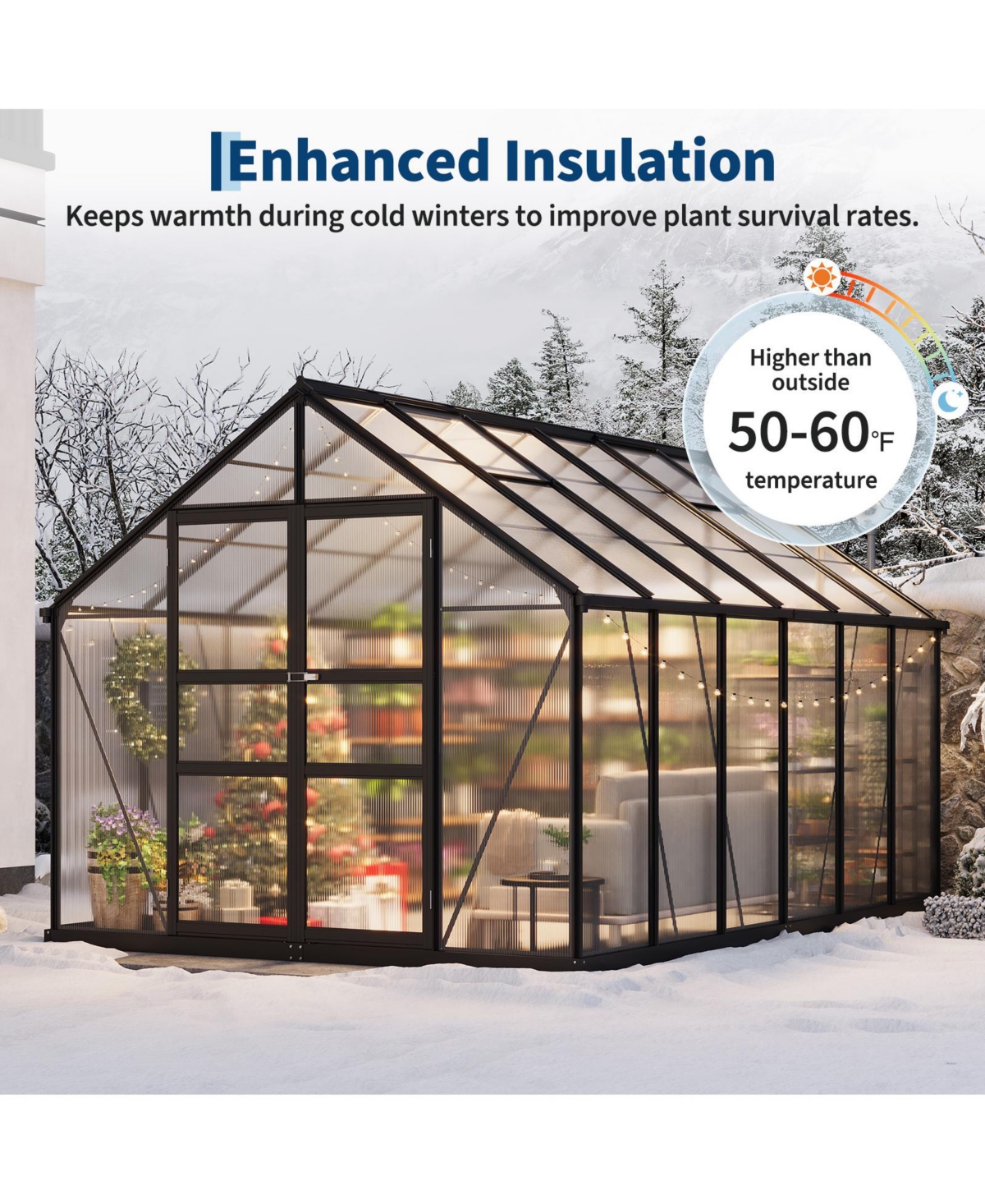 12 x 8 Ft Outdoor Greenhouse with Aluminum Frame and Polycarbonate Panels, Walk-in Plant Sun Room with Hinged Door and 2 Vent Windows, Silver