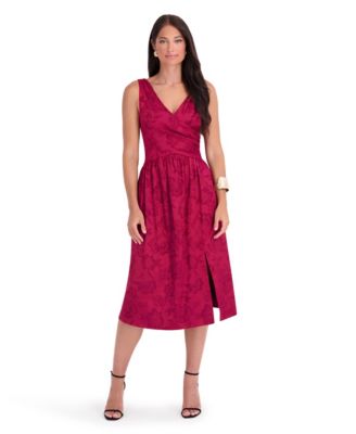 Women's Satin Jacquard Floral Fit & Flare V-Neck Midi Dress