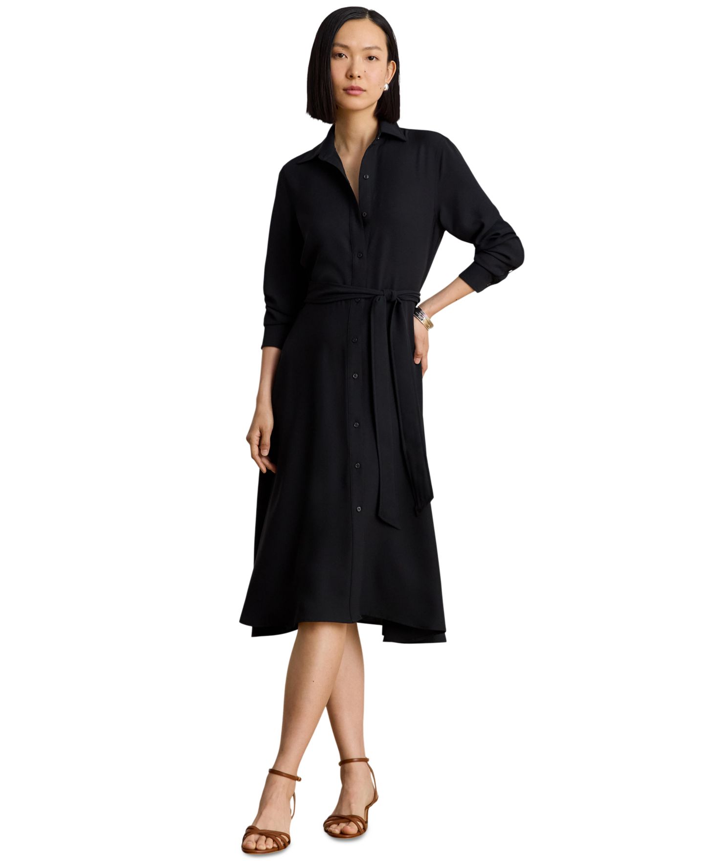 Женское платье Lauren Ralph Lauren Belted A-Line Midi Shirt Dress, цвет: Чёрный — фото 1