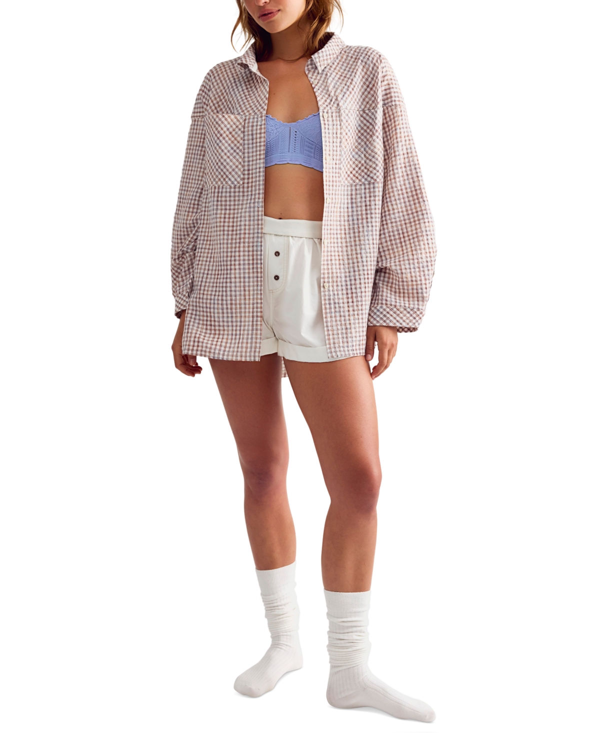 Free People Women's Cross My Heart Gingham Long-Sleeve Relaxed-Fit Sleep Shirt