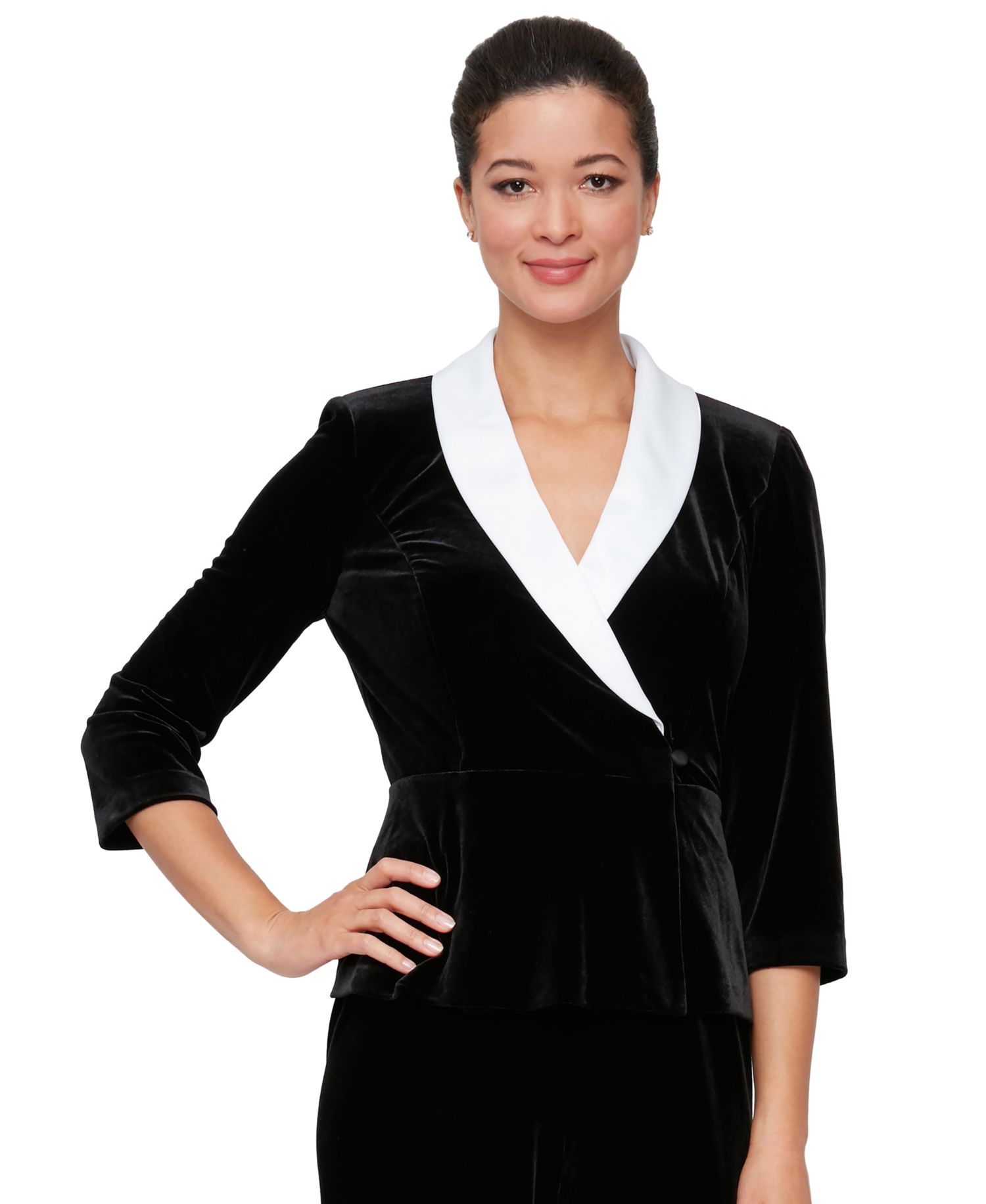 Petite 3/4-Sleeve Peplum V-Neck Velvet Top