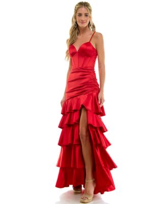 Juniors' V-Neck Tiered Skirt Gown
