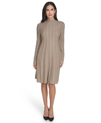 Women's Long-Sleeve Cable Fit & Flare Mock Neck Knee Length Dress