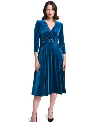 Women's V-Neck Wrap Midi Velvet Dress