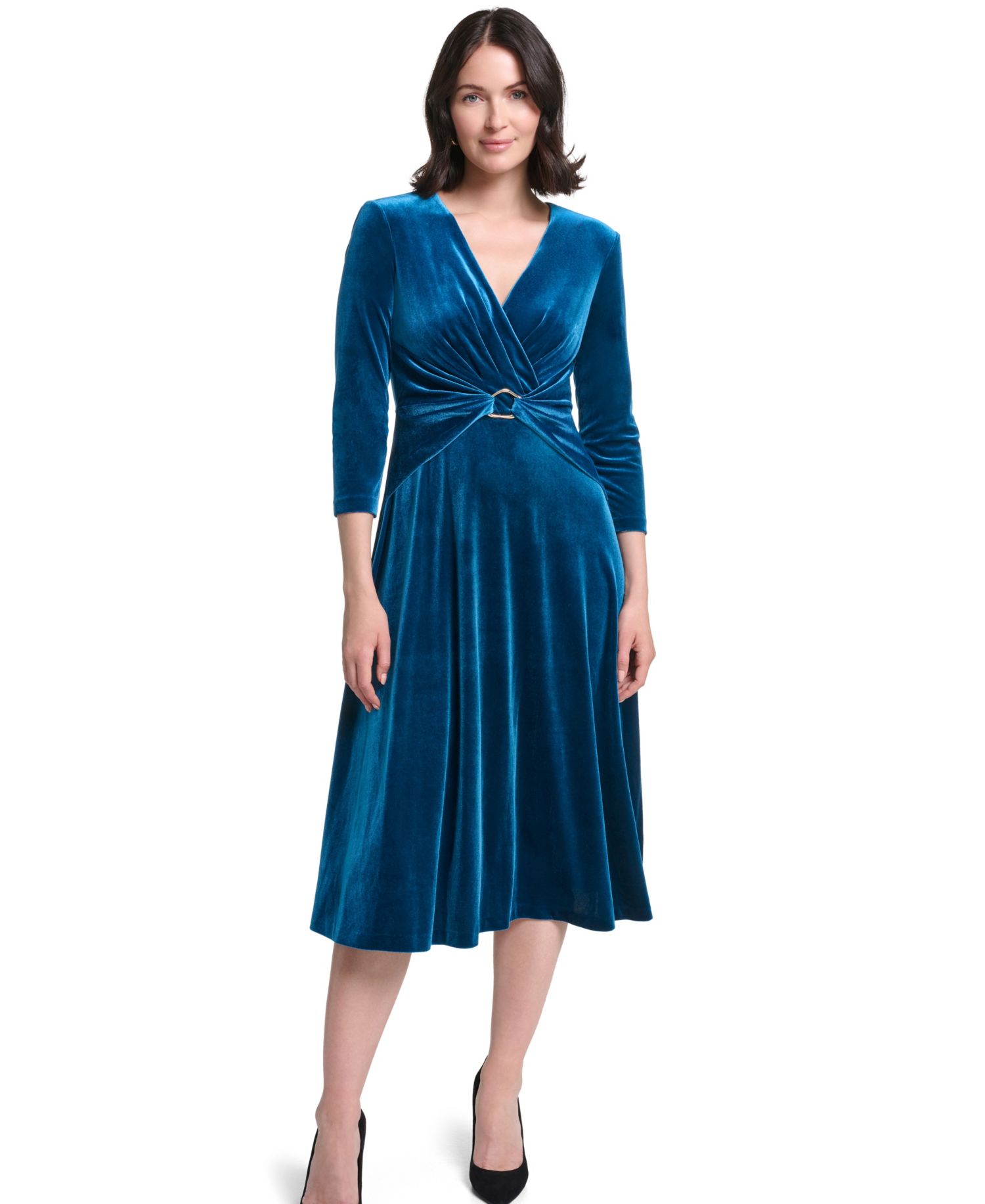 Women's V-Neck Wrap Midi Velvet Dress