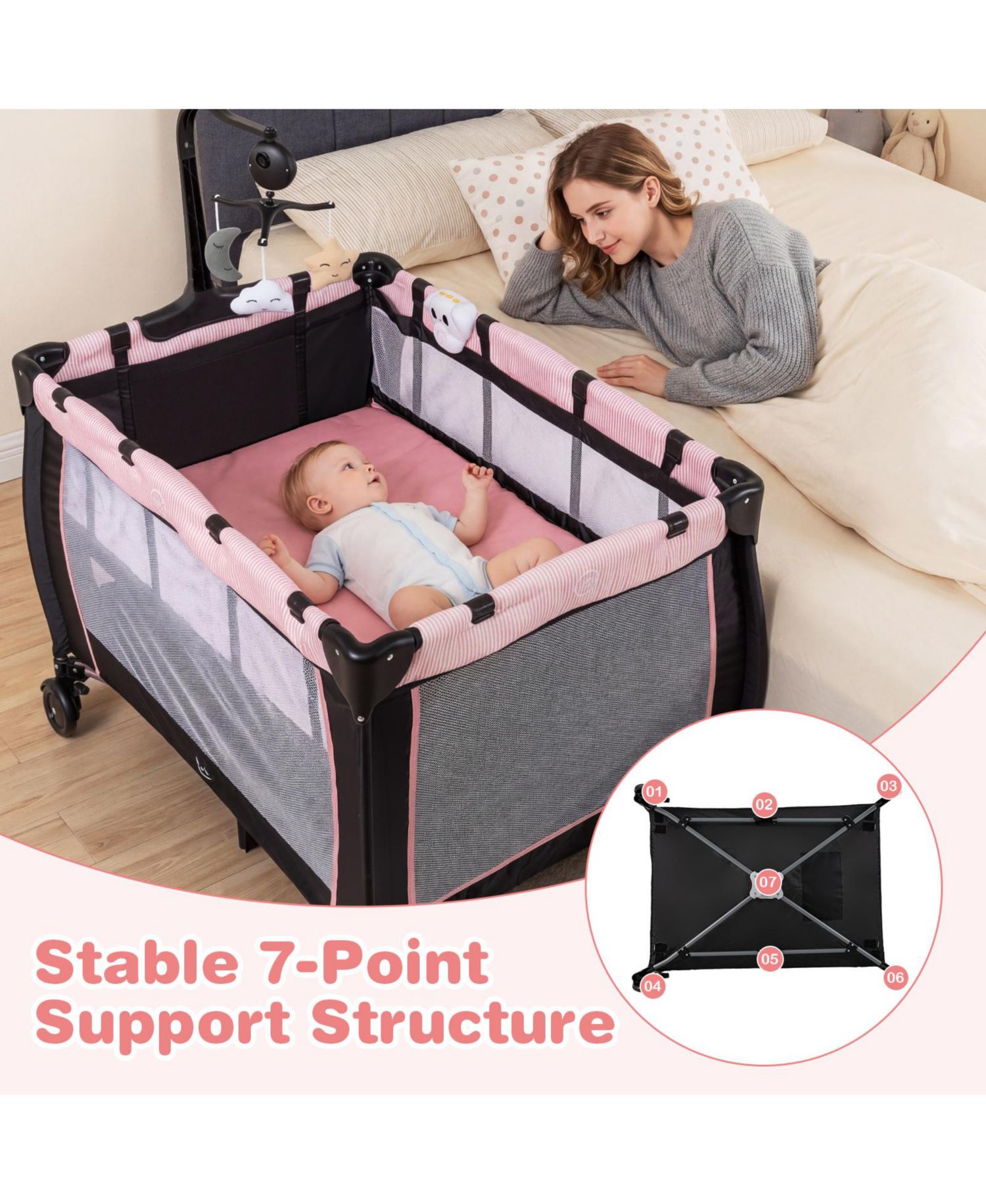 3-in-1 Baby Bassinet Portable Pack and Play with Removable Changing Table Mattress
