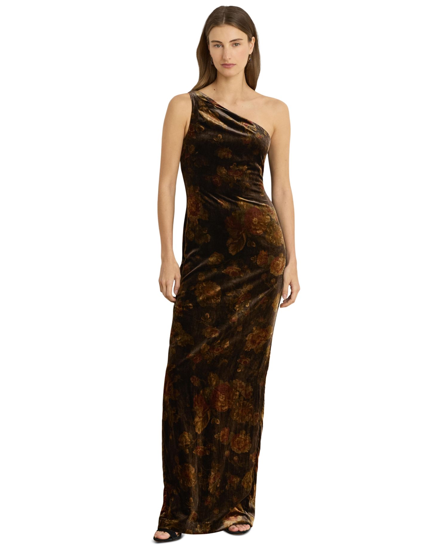 Women's One-Shoulder Floral Velvet Gown