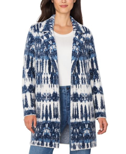 Женское пальто Liverpool Los Angeles Open-Front Ikat Jacquard Sweater Coat, цвет: Тёмно-синий белый разноцветный
