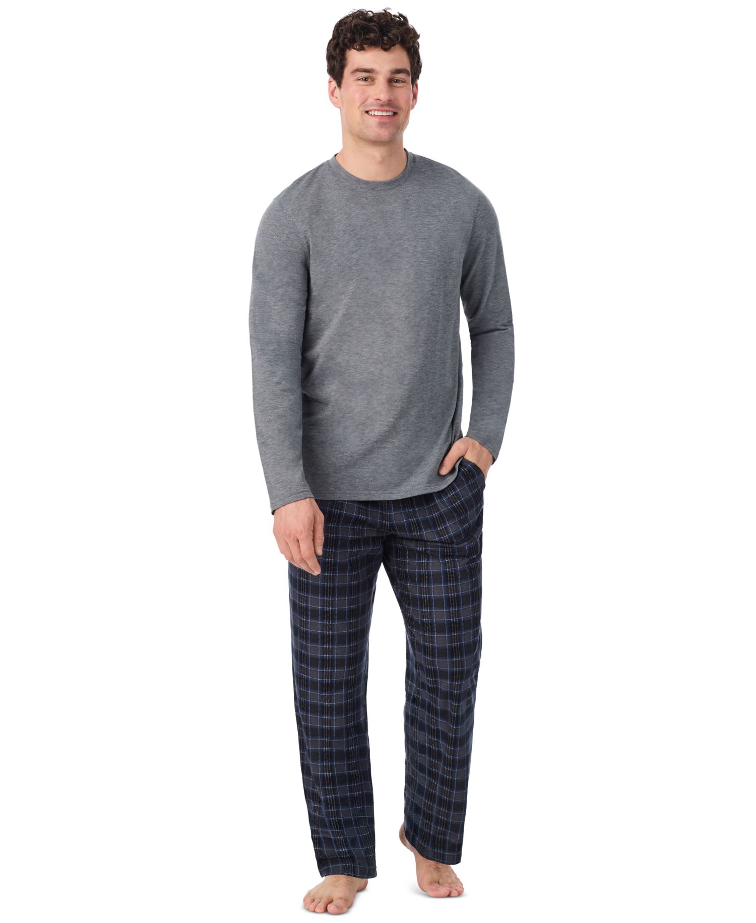 Men's Cozy Lodge Long-Sleeve Crewneck Plaid Top and Pajama Pants, 2-Piece Set