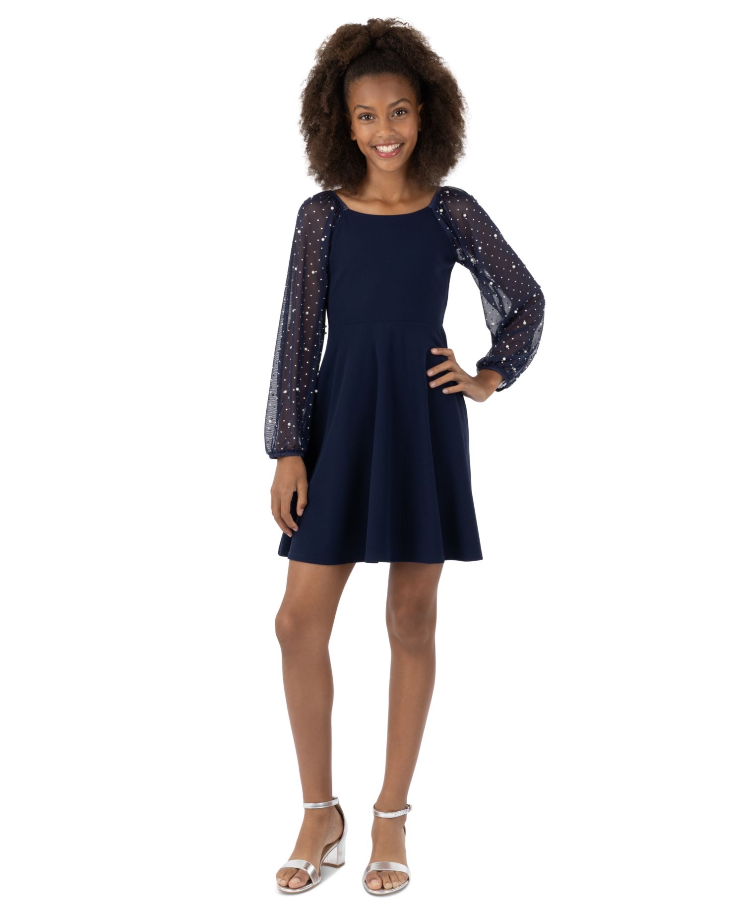 Girls' 7-16 Sequin Long-Sleeve Fit and Flare Dress