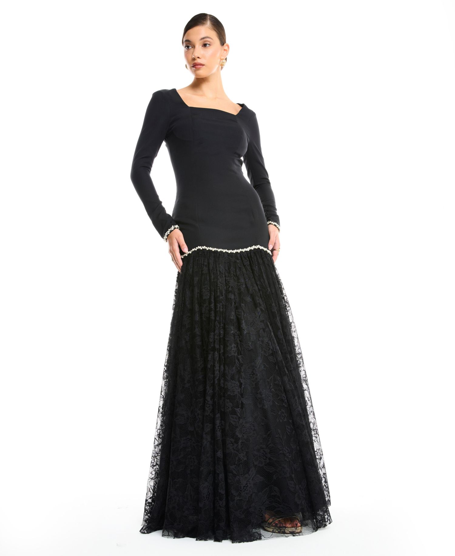 Women's Long Sleeve Square Neck Drop Waist Evening Dress