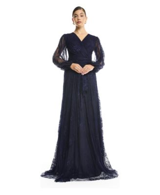 Women's Wrap Lace Gown with Sheer Sleeves - Tiered Ruffle Draped Evening Dress