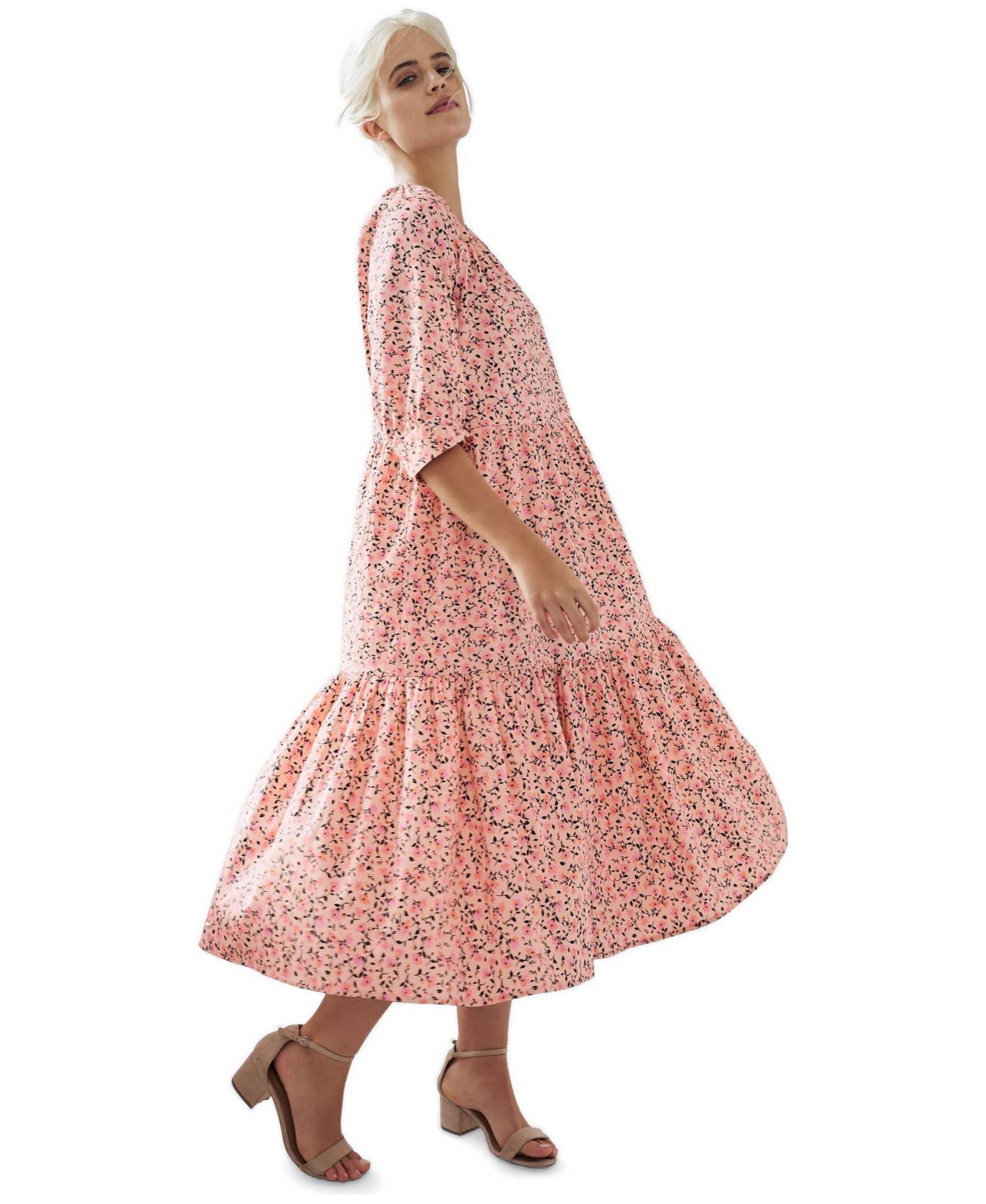 Women's 100% Cotton Tiered Below-Elbow Sleeve Midi Dress