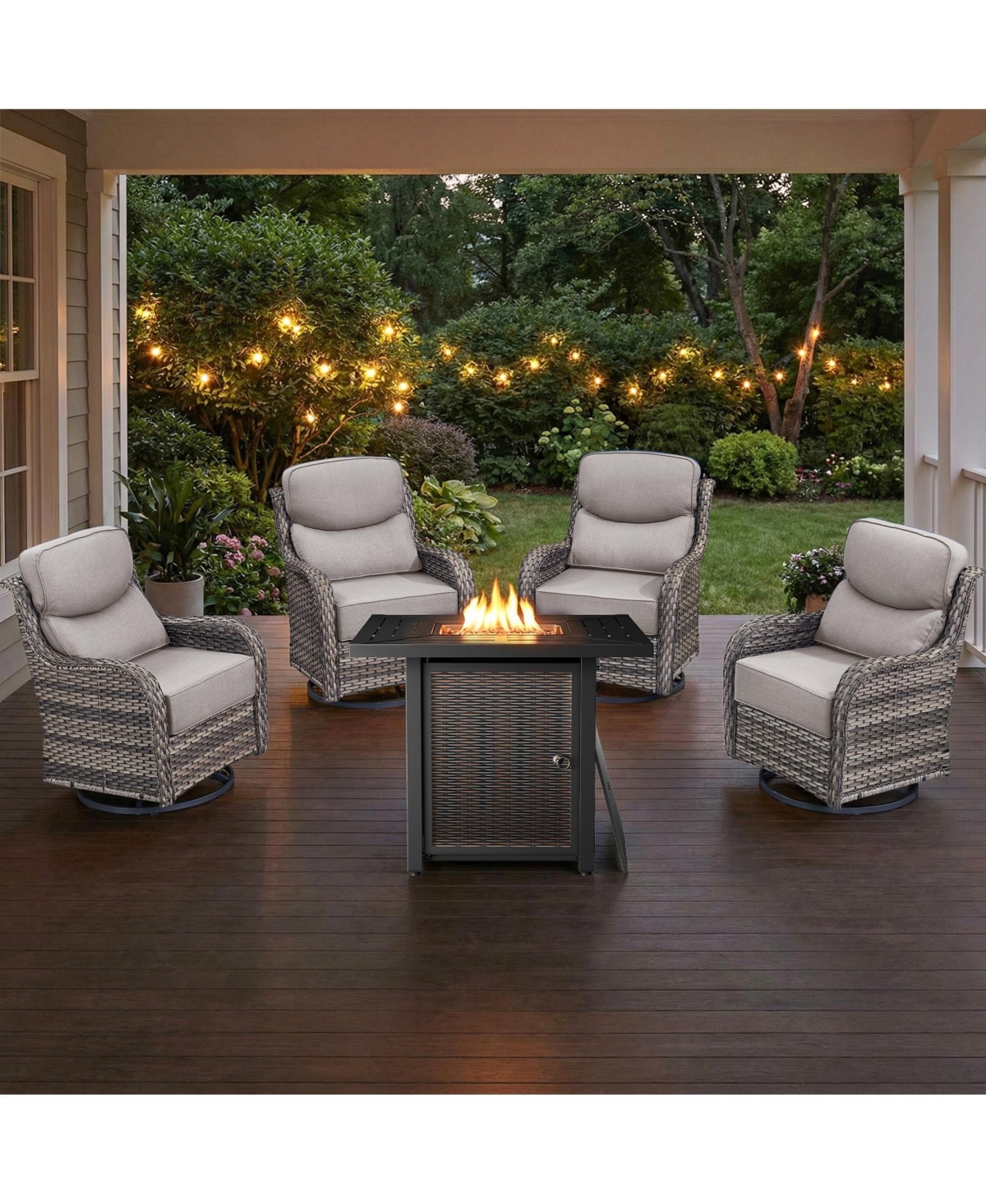 Pocassy Homile Outdoor Rocking Swivel Chair Set with 6inch Cushions and Square Fire Pit Table 50,000 Btu