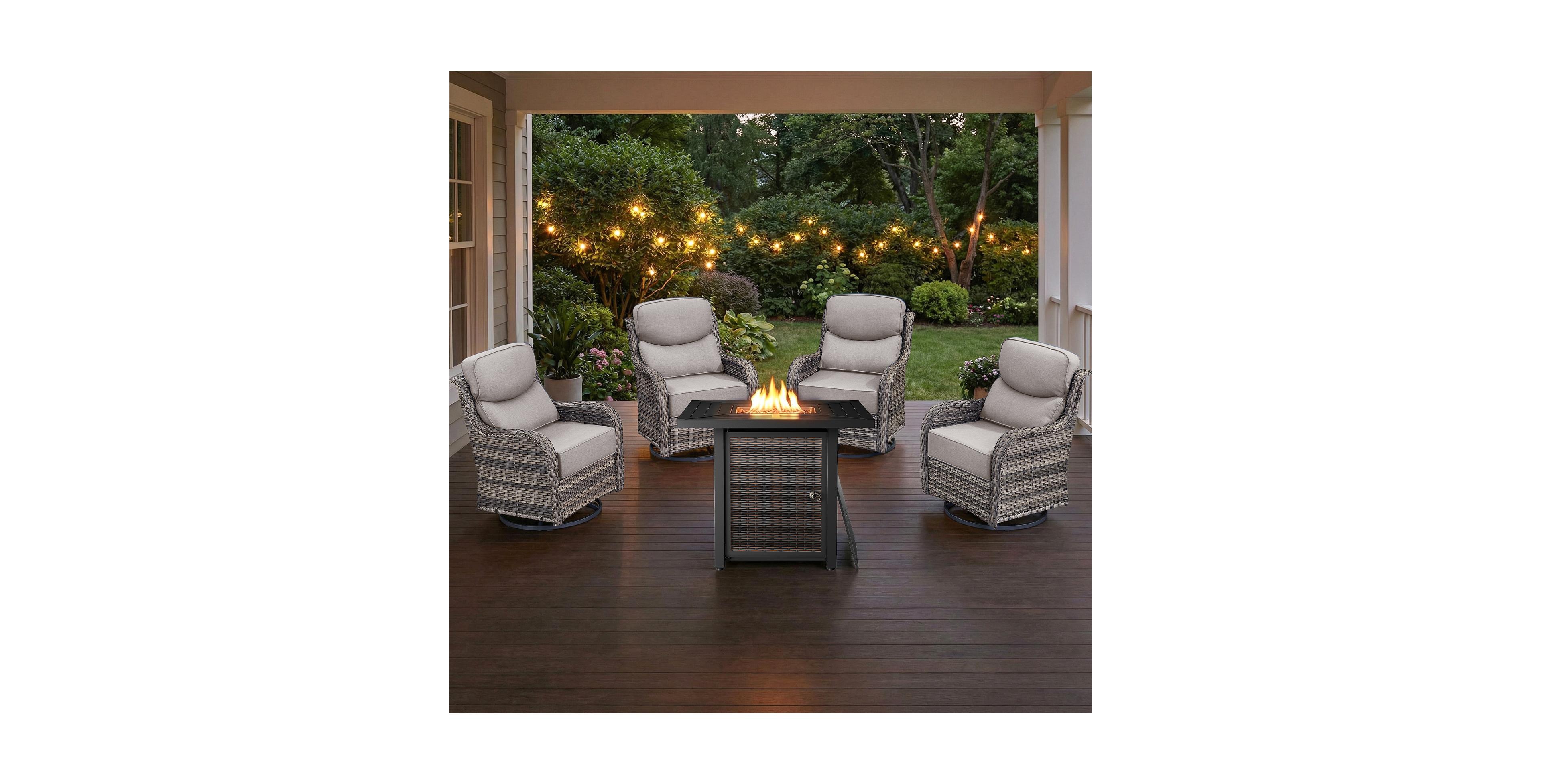 Pocassy Homile Outdoor Rocking Swivel Chair Set with 6inch Cushions and Square Fire Pit Table 50,000 Btu