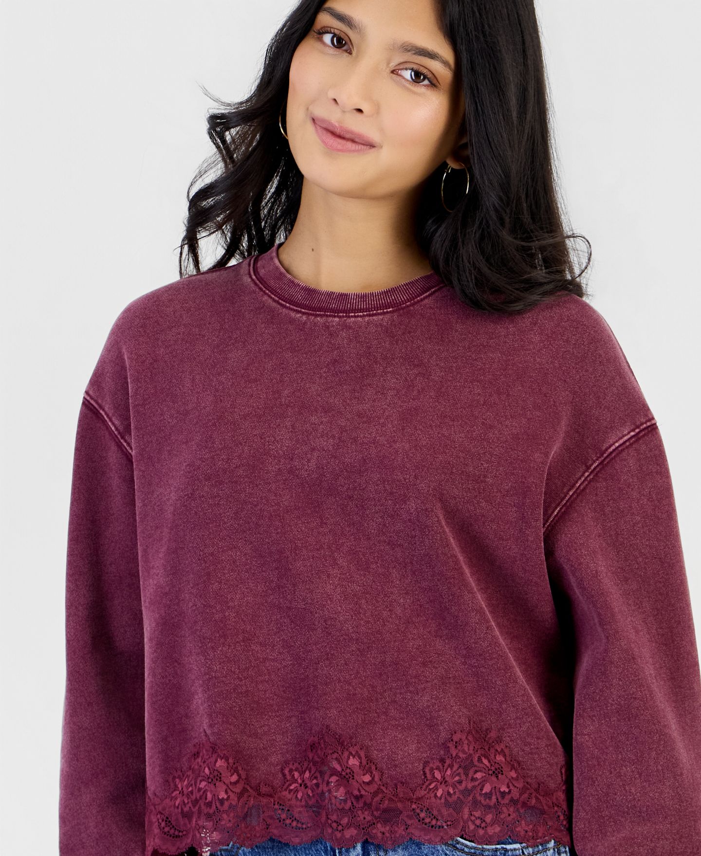 Женская толстовка And Now This Petite Lace-Trim Long-Sleeve Fleece Lounge Sweatshirt, цвет: Чёрный — фото 5
