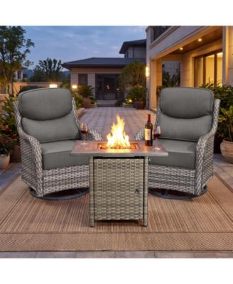 3 Pieces Patio Furniture Set with Fire Pit Table, Outdoor PE Rattan Swivel Rocker Chairs with 6in Thick Cushions