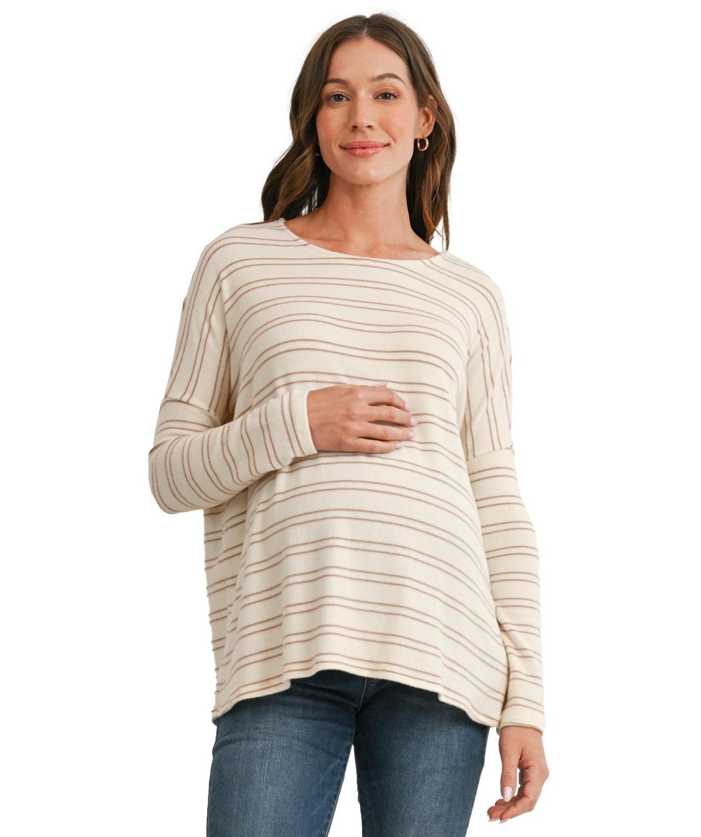 Женская футболка Hello Miz Maternity Striped Boat-Neck Long-Sleeve T-Shirt, цвет: Кремовый / Серо-коричневый — фото 1