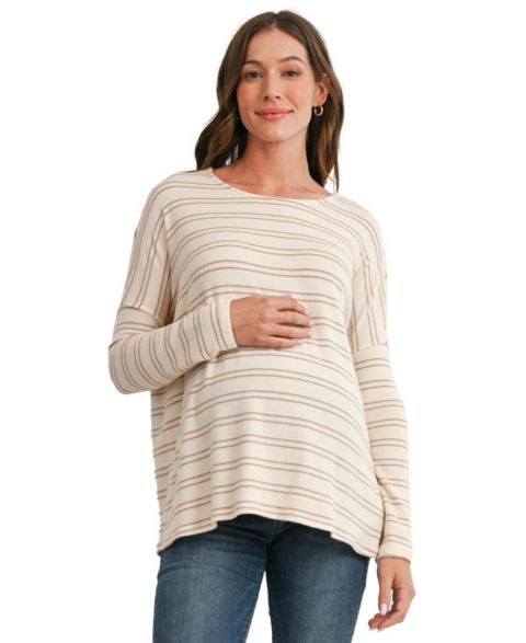 Женская футболка Hello Miz Maternity Striped Boat-Neck Long-Sleeve T-Shirt, цвет: Кремовый / Серо-коричневый