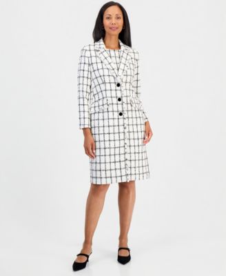 Women's Sleeveless Windowpane Tweed and Crepe Sheath Dress & Fringe-Trim Duster Jacket