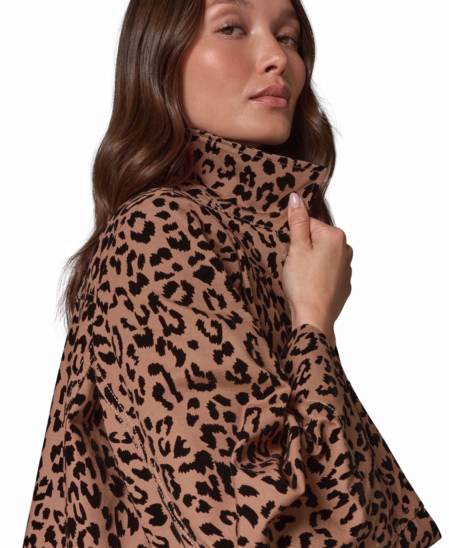 Women's Flocked Canvas Leopard-Print Bell-Sleeve Trapeze Jacket
