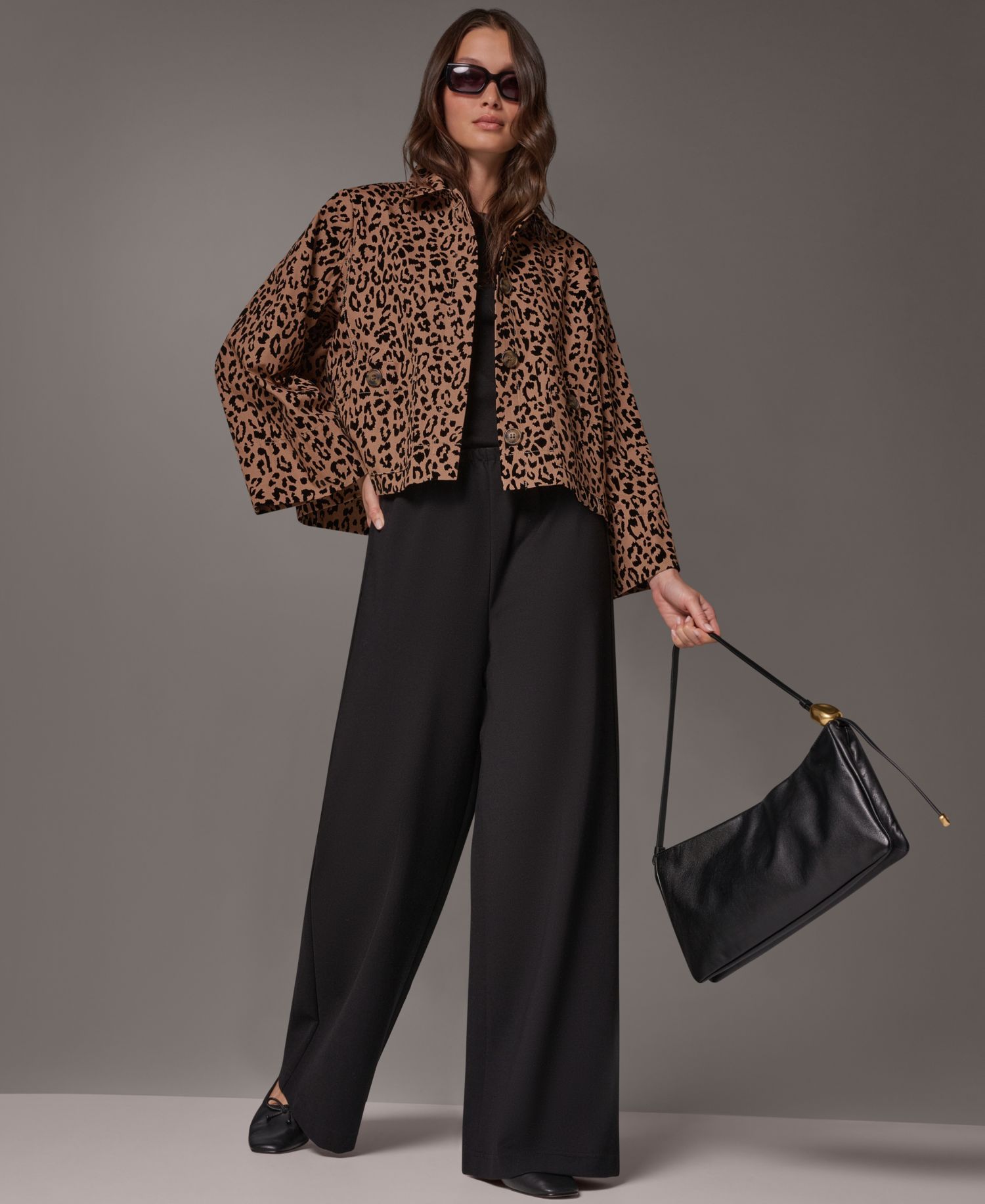 Women's Flocked Canvas Leopard-Print Bell-Sleeve Trapeze Jacket