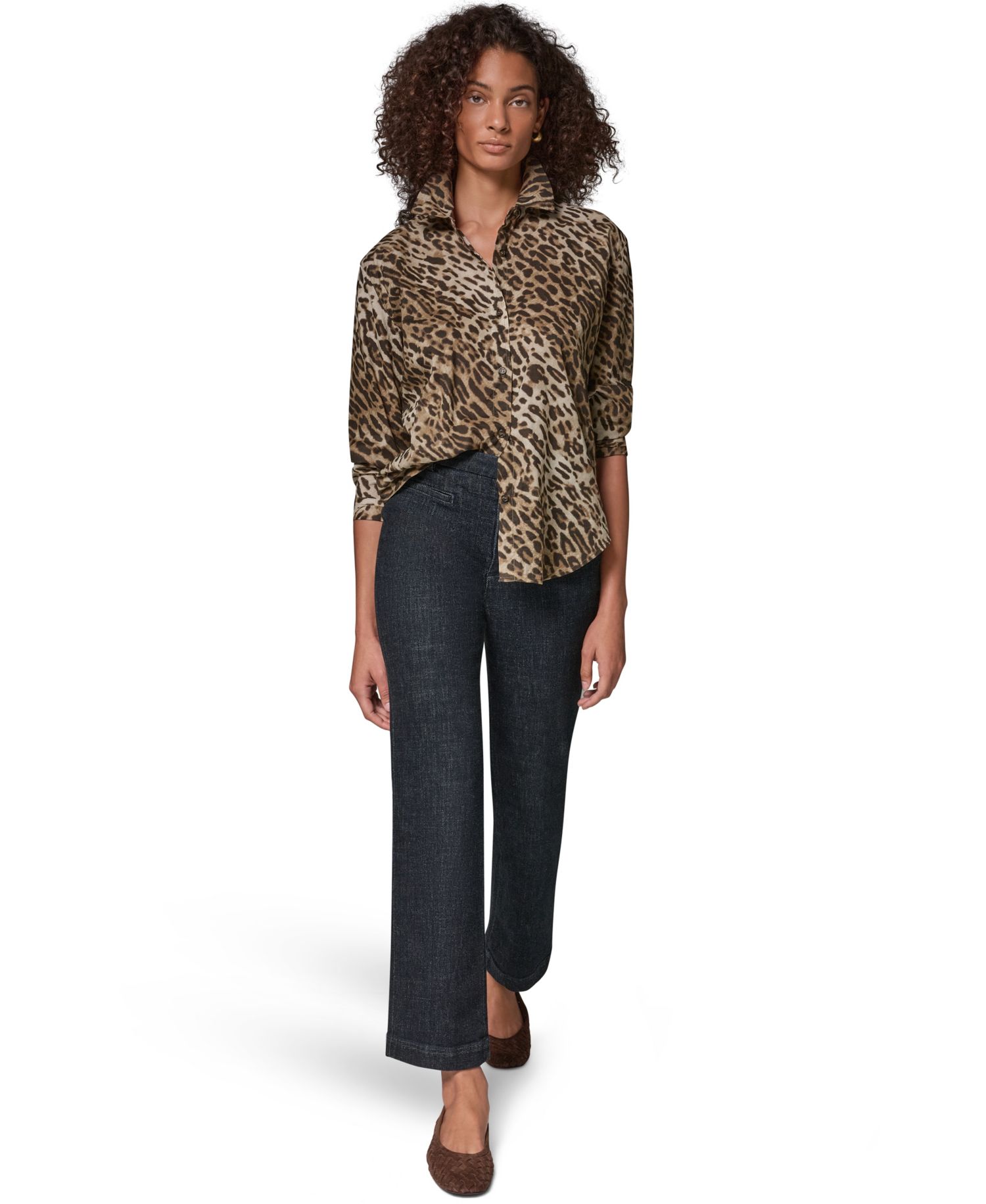Women's Leopard-Print Collared Voile Long-Sleeve Blouse