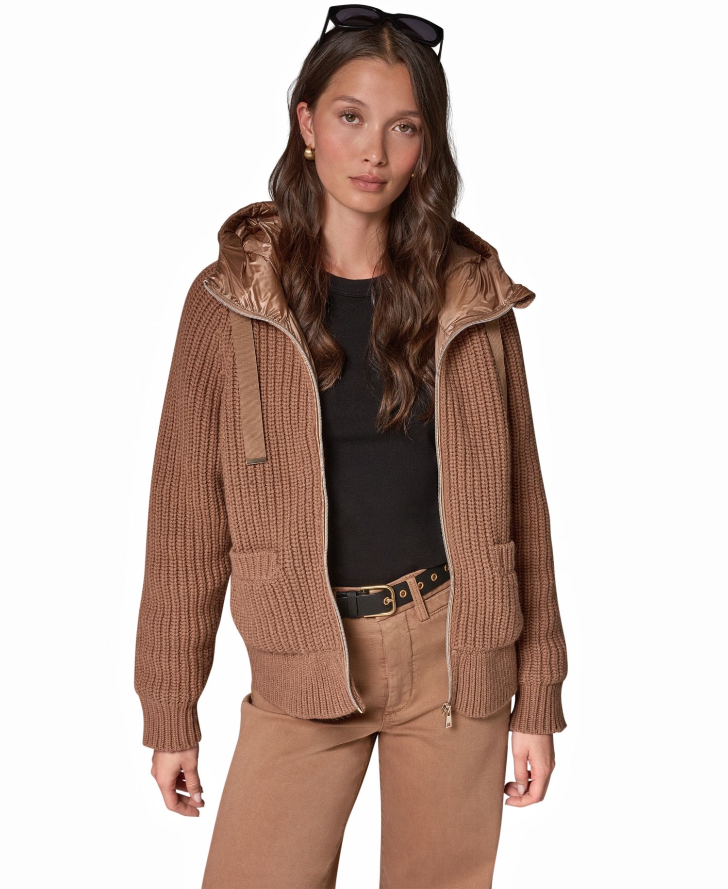 Women's Wool-Blend Hooded Mixed-Media Chunky Jacket