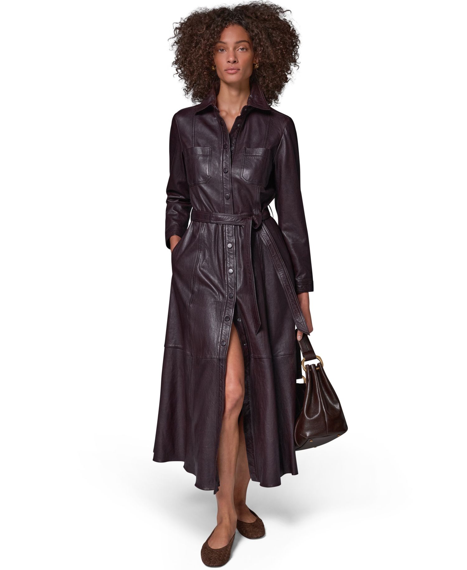 Women's Long-Sleeve A-Line Collared Leather Shirt Dress