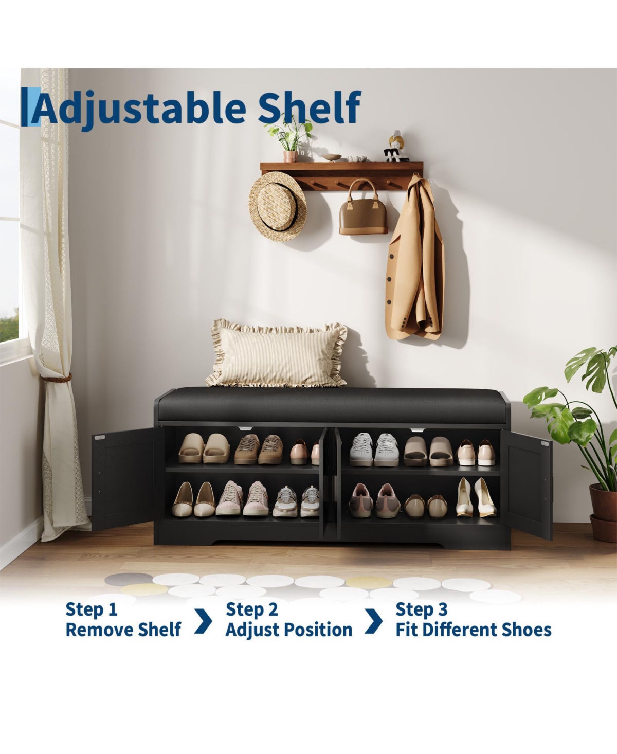 45.3" Entryway Shoe Cabinet with Bench, Four Adjustable Shelves, Sturdy Wooden Construction Holds 6 to 12 Pairs of Sneakers