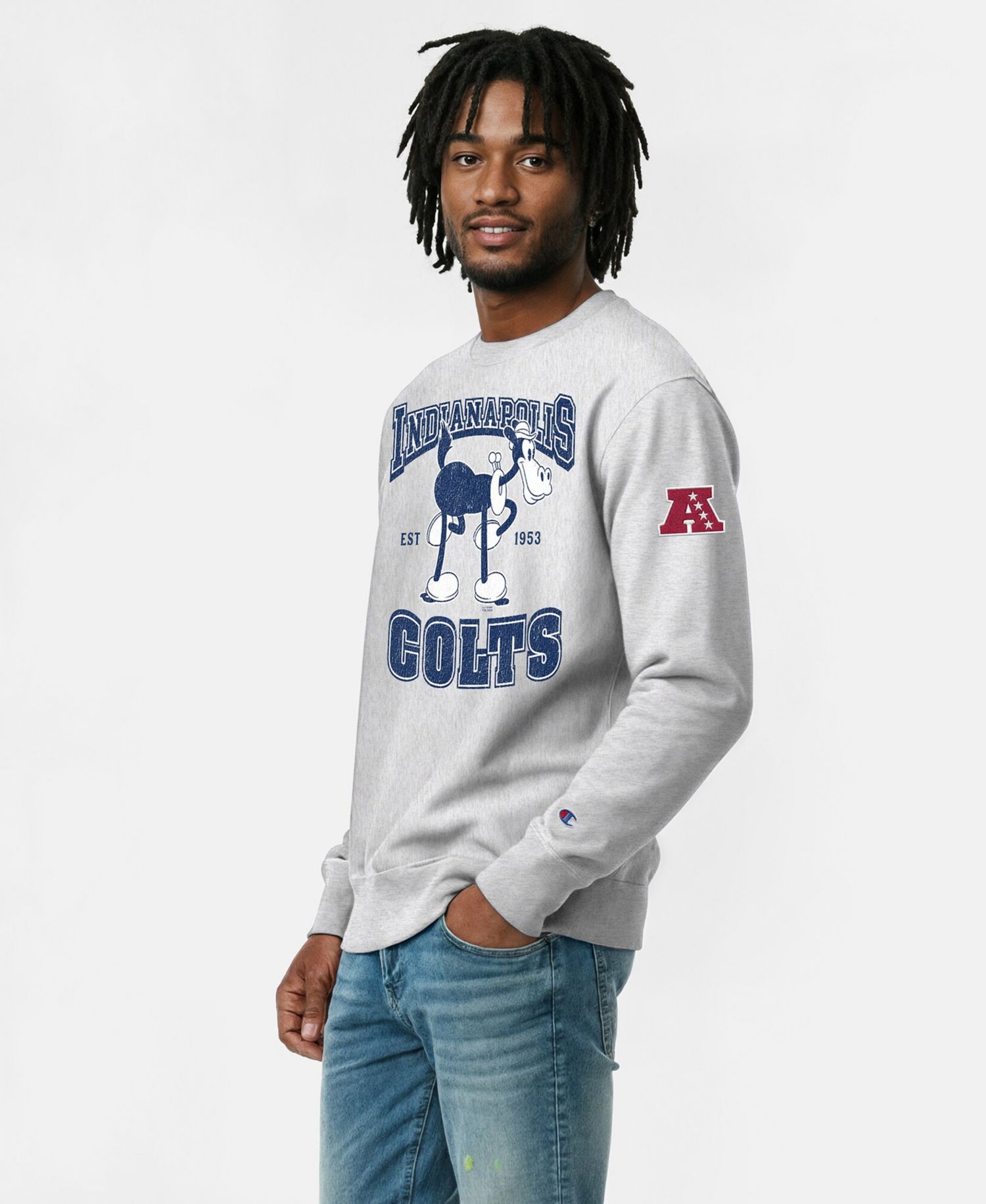 Men's Silver Indianapolis Colts Disney X Champion Reverse Weave Fleece Crewneck Sweatshirt