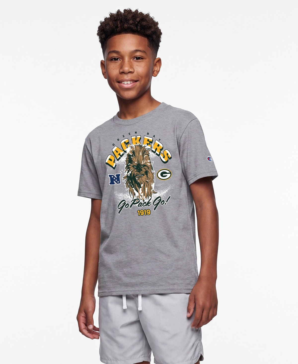 Champion Big Boys and Girls Heather Gray Green Bay Packers Disney X Champion T-Shirt - Heather Gray
