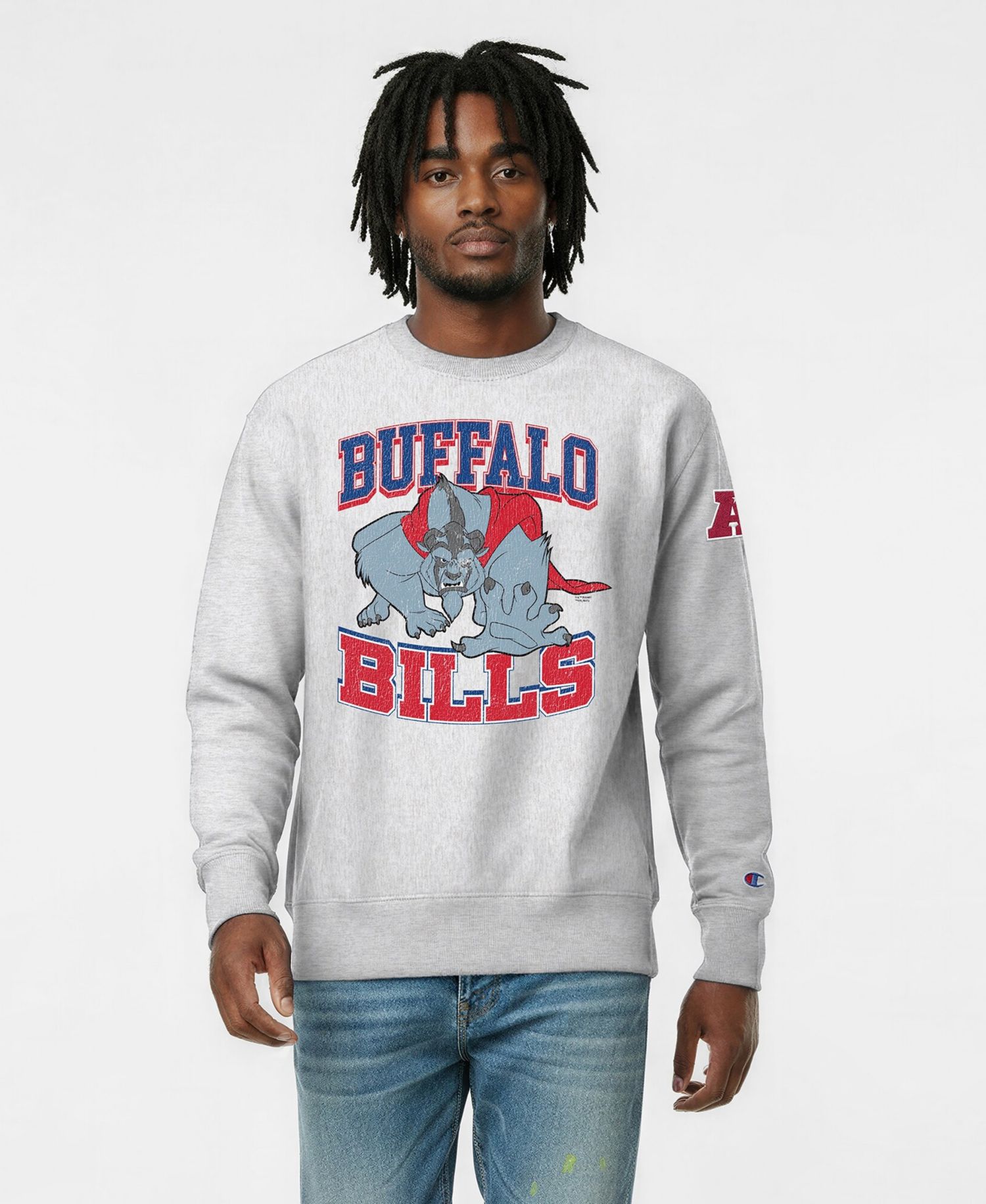 Men's Silver Buffalo Bills Disney X Champion Reverse Weave Fleece Crewneck Sweatshirt