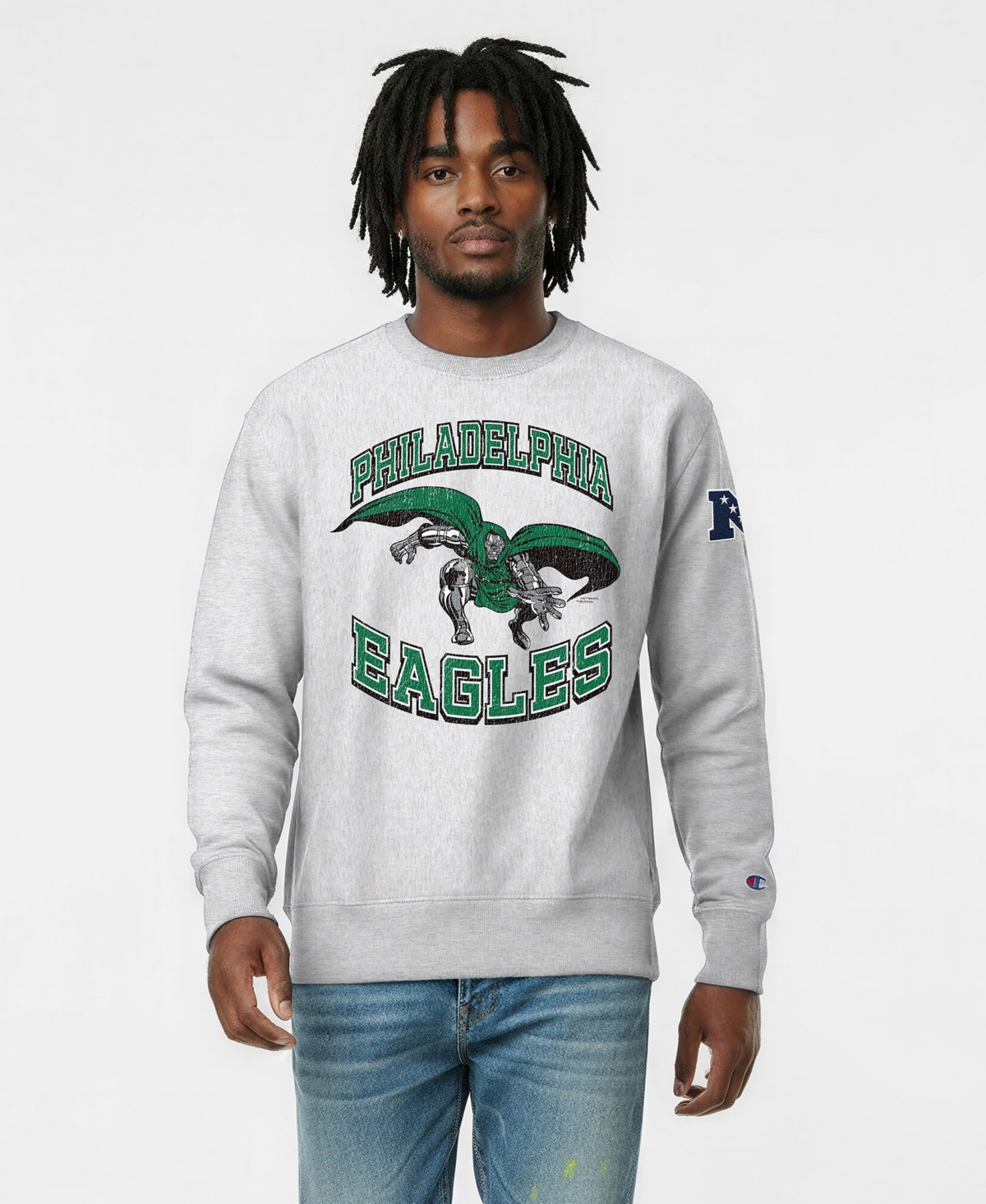 Champion Men's Silver Philadelphia Eagles Disney X Champion Reverse Weave Fleece Crewneck Sweatshirt