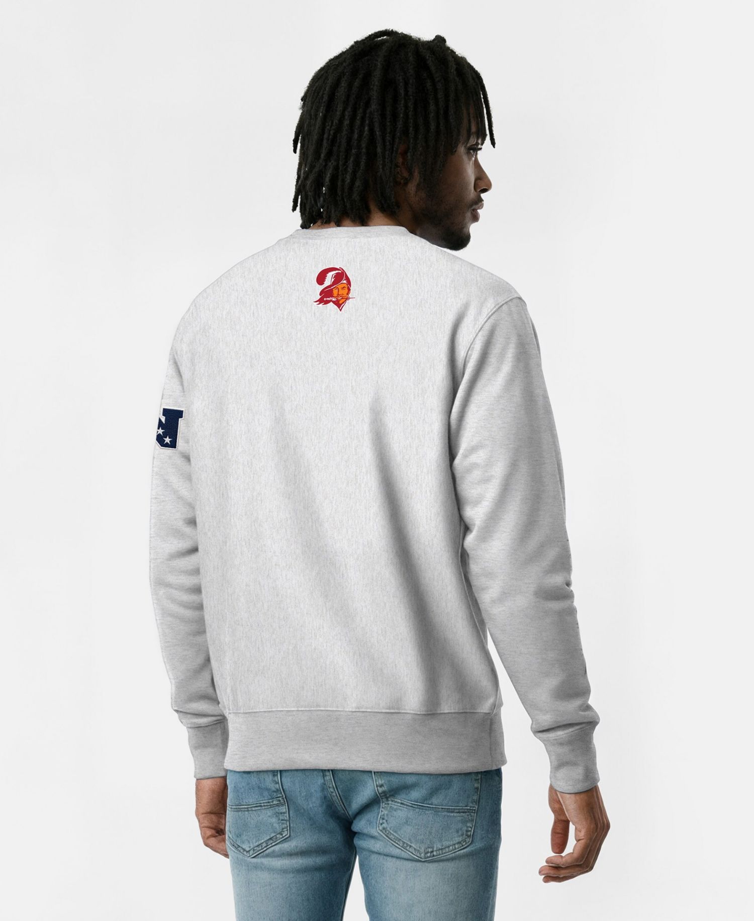 Men's Silver Tampa Bay Buccaneers Disney X Champion Reverse Weave Fleece Crewneck Sweatshirt