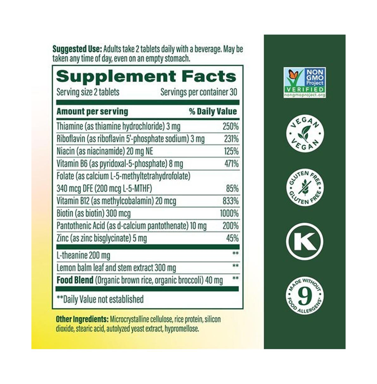 MegaFood L-Theanine and Vitamin B Complex 200mg Methyl B12 Folate Zinc Lemon Balm 60 Ct
