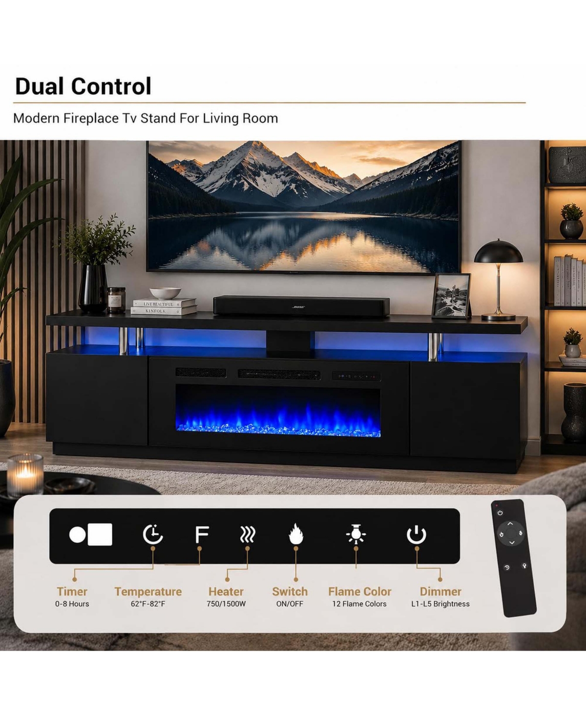 homfan 70 Inch Black Fireplace Tv Stand 36 Electric 2 Tier Media Console 12 Flame Colors 750W 1500W Heater Mdf Iron Glass