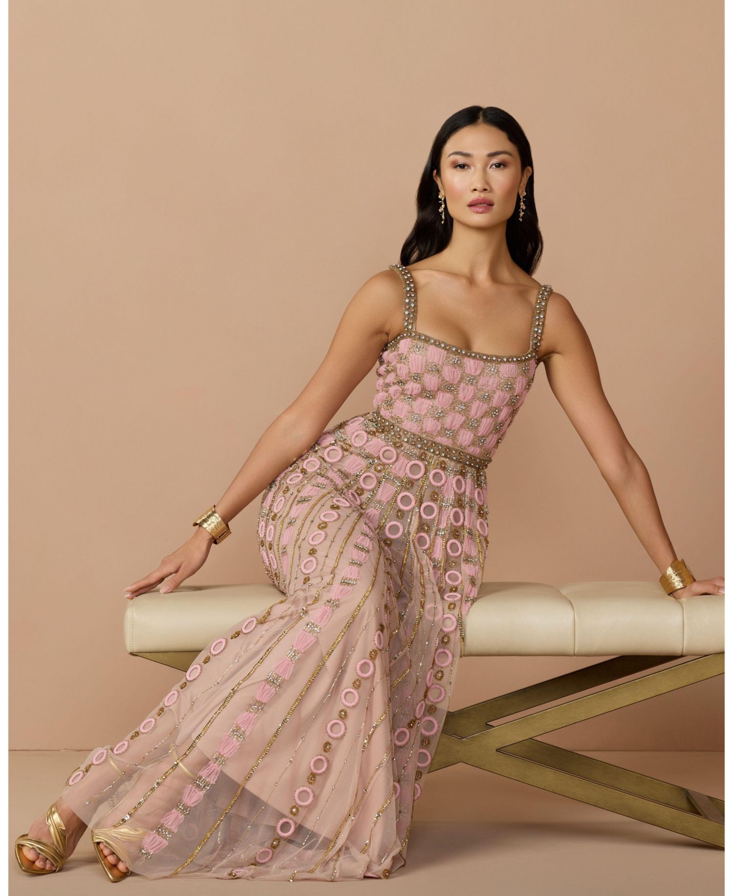Petite Square Neck Sleeveless Embellished Evening Gown