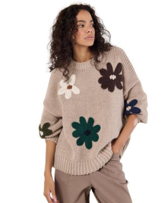 Women's Oversized Floral-Embroidered Chunky-Knit Pullover