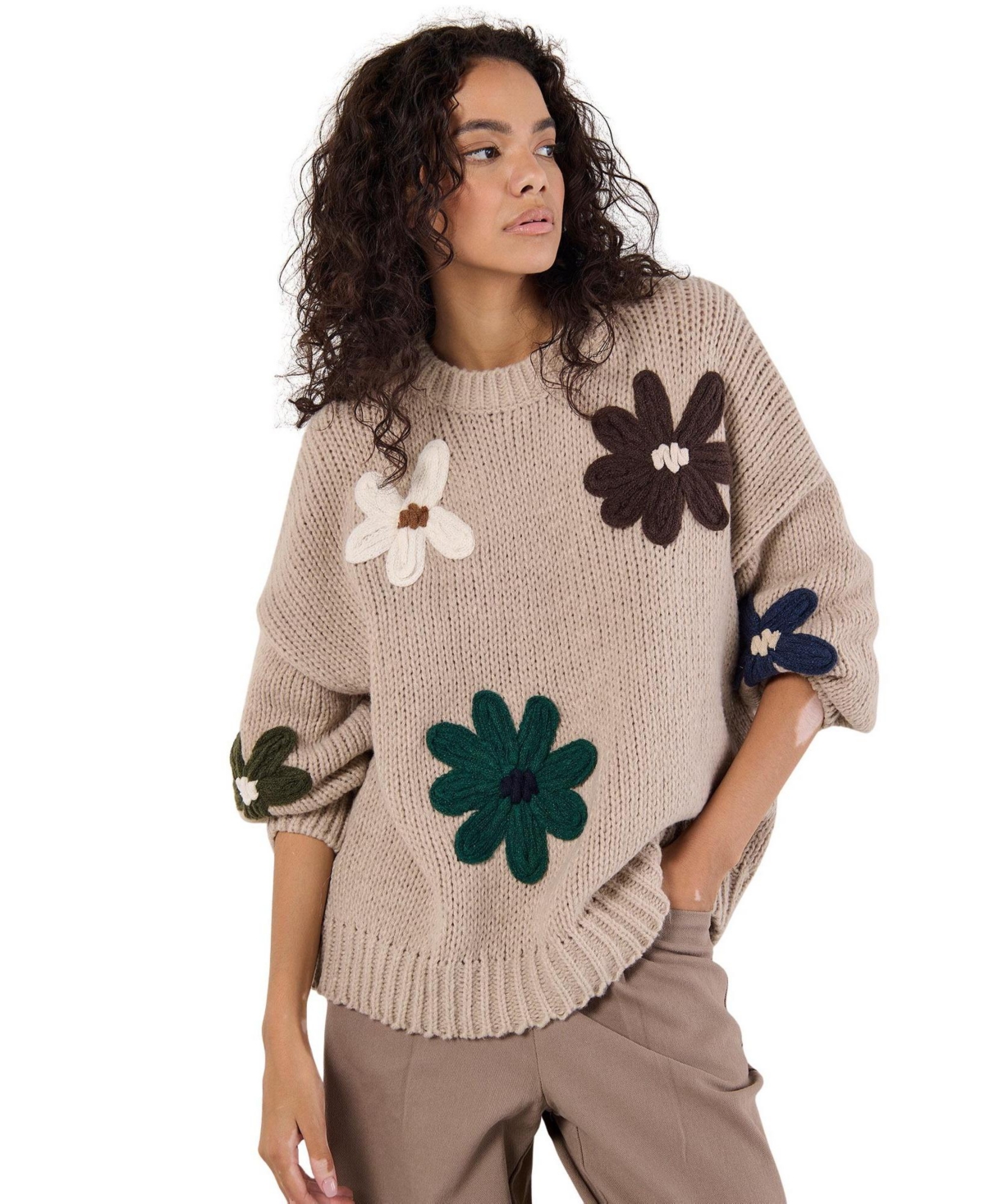Apricot Women's Oversized Floral-Embroidered Chunky-Knit Pullover
