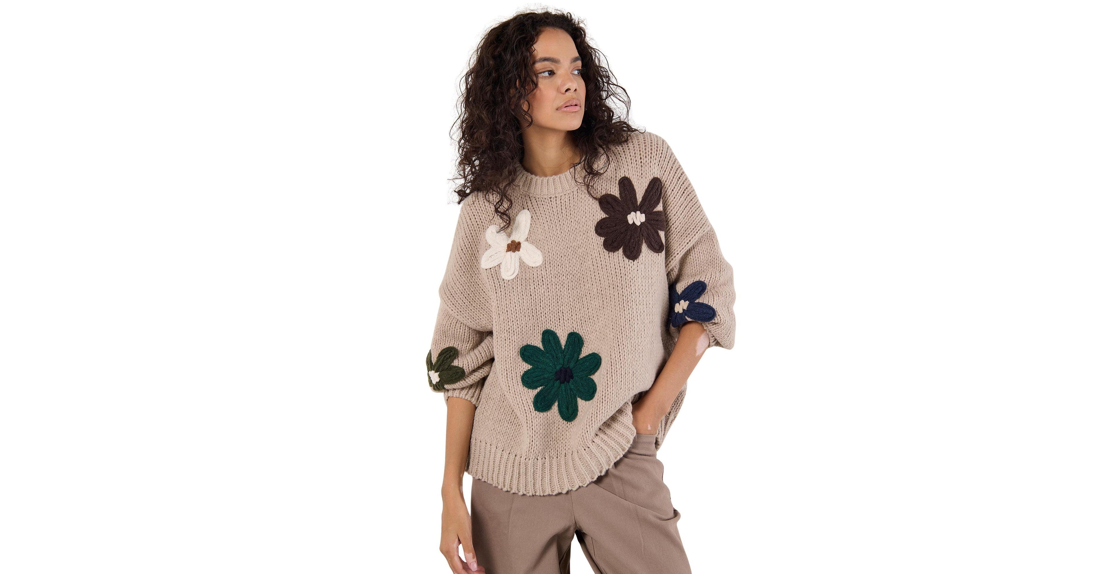 Apricot Women's Oversized Floral-Embroidered Chunky-Knit Pullover